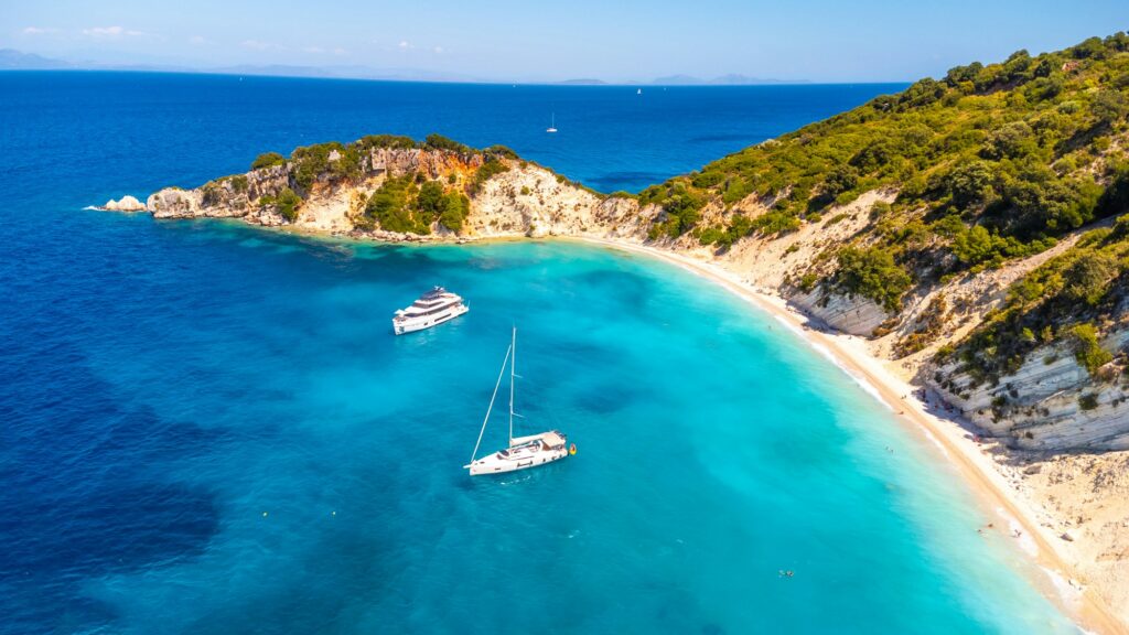 Aerial view of the paradise beach of Gidaki on the island of Ithaki or Ithaca in the Ionian sea